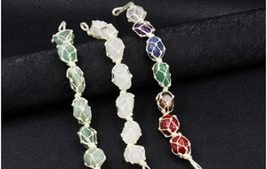 Detailed view of handmade woven mesh hangers with colorful raw chakra crystal stones