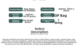 Detailed chart showing raw natural stone car hanging specs and size measurements