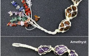 Detail of hand-woven yoga stone charm with amethyst and multicolored gemstone tassels