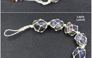 Detailed macro view of heart-shaped blue sodalite stones in handmade beige woven mesh pockets