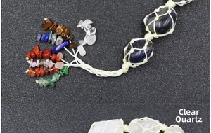 Macro detail of hand-woven natural healing stones and clear quartz in mesh rope