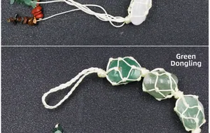 Detail of hand-woven green aventurine healing stone pendant with multi-gemstone beads