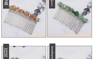 Detailansicht handgefertigter Haarkämme mit Citrin, Aventurin, Fluorit und Amethyst Kristallen