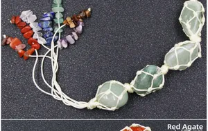 Detailed view of handmade woven mesh holding natural raw green aventurine stone