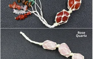 Detailed handmade weave pattern featuring natural rose quartz and agate gemstones
