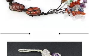 Macro view of handmade net pouch necklace featuring raw natural chakra healing stones