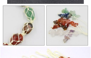 Detailed macro view of hand-woven cotton net bags holding raw natural colorful crystals