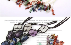 Detail of hand-woven natural crystal stones with colorful irregular gemstone beads