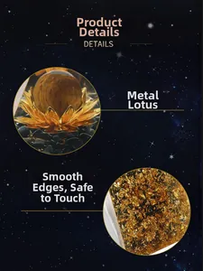 Detail showing metal lotus stand and gold foil inside 6cm crystal pyramid with smooth edges