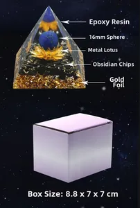 Macro detail of Orgone pyramid with Lapis Lazuli ball, metal lotus and obsidian stones