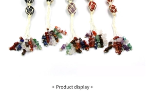 Detailed row of handmade woven crystal stone pendants with chakra gemstones and tassel