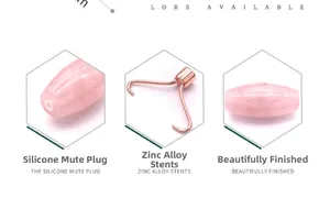 Detailed components of pink quartz face roller with zinc alloy bracket and silicone plug