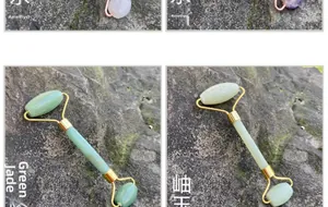 Detail of rose quartz, green aventurine and xiuyan jade face rollers with golden metal frame