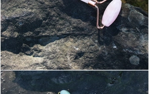 Rulli facciali in quarzo rosa naturale e giada verde con montatura in metallo oro rosa