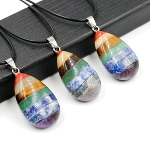 Seven Chakra Natural Gemstone Water Drop Pendant Necklace Layered Healing Crystal Yoga Meditation Jewelry With Black Cord