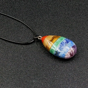 Seven Chakra natural stone teardrop pendant necklace with black woven rope chain
