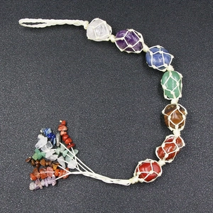 Handmade 7 Chakra natural crystal wall hanging with woven rope and raw stone tassels