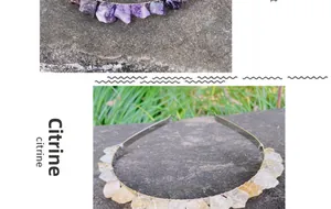 Close-up of natural raw citrine stones wrapped on a metal headband on stone surface
