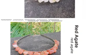 Detail of handmade red agate hairband with raw crystals on a delicate metal wire frame