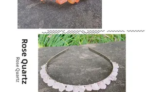 Detail of a thin silver headband featuring raw rose quartz stones in a handmade style