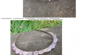 Close-up of handmade light amethyst raw stone crown with silver wire on metal headband