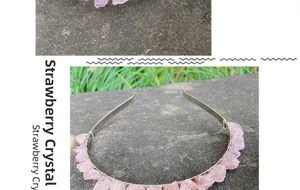 Detailed view of handmade strawberry quartz crystals wired on a metal bridal headband