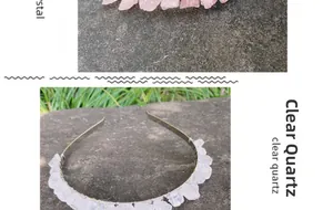 Detailed view of handmade clear quartz crystals wrapped in wire on a gold metal headband
