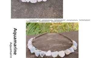 Macro detail of handmade aquamarine raw stone crown and bridal headband decoration
