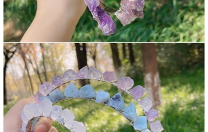 Detailed macro of handmade raw amethyst and rose quartz crystals on silver headband