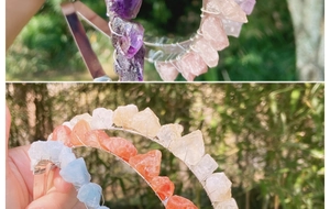 Close-up of handmade crown headband featuring raw amethyst and rose quartz crystals