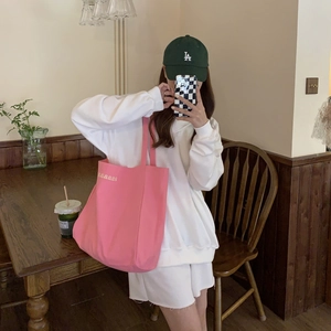 Student canvas tote bag in candy pink with letter embroidery and large capacity