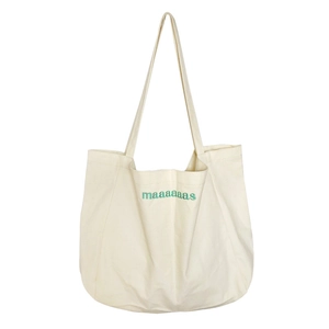 Minimalist cream canvas tote bag with green maaaaaas embroidery and double straps