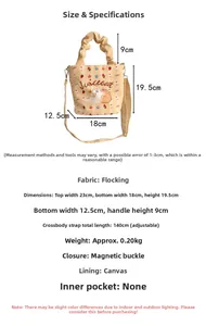Detailed size specifications for the flocking canvas cat bag with adjustable strap