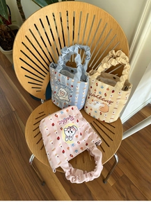 Trio of cartoon canvas bucket bags with animal motifs and stylish ruffled cloud handles