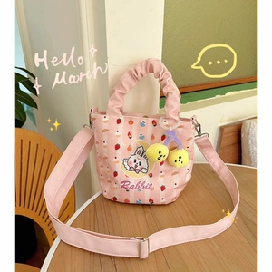 Pink striped canvas bucket bag with cute rabbit print and yellow cherry charm