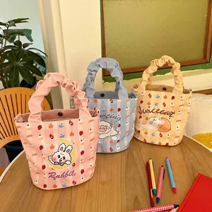 Japanese style canvas bucket bags with cartoon animal prints and ruffled handles
