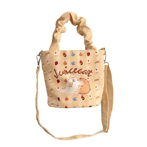 Japanese style canvas bucket bag with cute cartoon cat and strawberry pattern