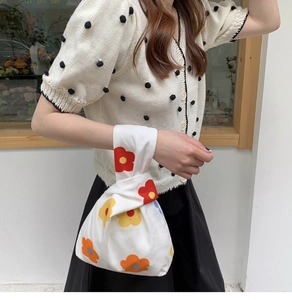 Floral knot wrist bag with colorful cartoon flowers, stylish handheld cotton canvas pouch