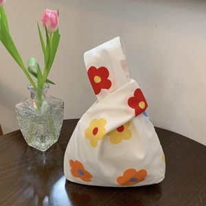 Japanese Style Cotton Canvas Knot Bag Floral Print Wrist Bag Mini Handheld Tote Bag Women Daily Casual Small Travel Pouch