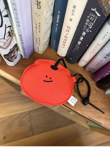 Detail of soft orange protective case for earphones with cute embroidered smile design