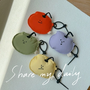 Cute nylon mini pouch for earbuds with minimalist cartoon faces and elastic lanyards