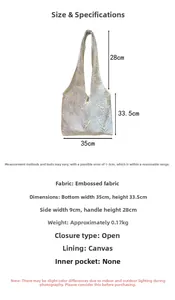 Detailed view of large embossed floral tote bag dimensions and canvas material specs