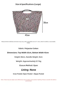 Detailed size specifications for large floral canvas tote bag with dimensions and internal pockets