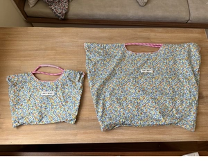 Detail view of floral canvas tote bags with pink round handles in two various sizes