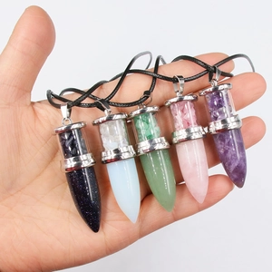 Five-piece bullet-shaped natural crystal pendants with crushed stones on black cords