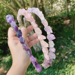 Handmade crown headband set with natural amethyst and rose quartz crystals in boho style