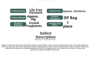 Infographic showing Tree of Life crystal pendant specs: 50x50mm size and 10g weight details