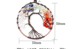 Detail of a 50mm handmade copper tree of life pendant with colorful natural stones