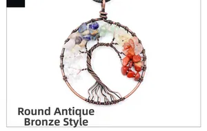 Detail of handmade antique copper wire tree of life pendant with colorful natural stones