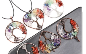 Detailed handmade copper wire tree of life pendant with colorful chakra stone beads